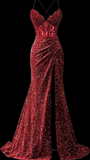Elegant Burgundy Sparkling Sequin Evening Gown Sheath Spaghetti Strap V-neck Party Dress Slit Floor Length Formal Dress HZ1024