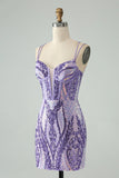 Gorgeous Purple Sequined Design A-line Bodycon Spaghetti Strap Homecoming Dress HZ1024