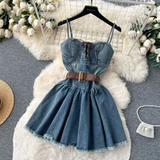Fashion Women Sleeveless With Belted Waist Denim Corset Dress HZ1024