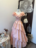 Vintage Pink Chiffon Evening Dress A-Line Ruffled Tiered Long Prom Dress HZ1024