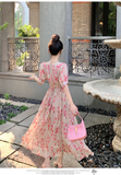 New Fashion Pink Floral Design Short Sleeves V-neck A-Line Women Long Dress HZ1024