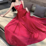 New Elegant Stylish Rose Red High-waisted Spaghetti Strap Dress HZ1024