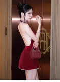 Simple Fashion Burgundy V-neck Halter Dress Design A-line Party Dress Homecoming Dress HZ1024