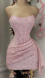 Cute Pink Shiny Sequin Strapless Bodycon Short Party Dress Cocktail Dress Homecoming Dress HZ1024