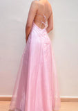 Vintage Pink A-Line Embroidery Prom Dress Long Chiffon Evening Dress Spaghetti Strap Formal Dress HZ1024