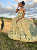 Retro Green Sweetheart Applique Sweet 16 Quinceanera A-Line Tulle Floor-length Prom Dress Birthday Dress Evening Dress Ball Gown HZ1024