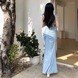 Vintage Shiny Light Blue Spaghetti Strap Mermaid Long Summer Dresses Prom Dress Evening Dress HZ1024