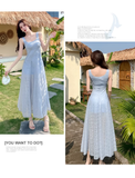 New Fashion Light Blue Mesh Lace Design A-line Beach Holiday Sleeveless Vest Dress HZ1024