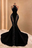 Sexy Black Halter Neck Long Mermaid Velvet Evening Dresses HZ1024