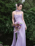 Elegant Light Purple Strapless Sheath Chiffon Long Evening Dress Prom Dresses HZ1024