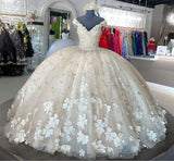 Elegant Ivory V-neck Applique Sweet 16 Quinceanera A-Line Prom Dress Birthday Dress Evening Dress Ball Gown HZ1024