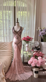 Vintage Pink V-neck Applique Design Elegant Chiffon Evening Dress Prom Dresses HZ1024