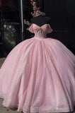 Beautiful Pink Sweetheart Sequin Off-the-shoulder Sweet 16 Quinceanera A-Line Tulle Floor-length Prom Dress Birthday Dress Evening Dress Ball Gown HZ1024