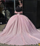 Beautiful Pink Sweetheart Sequin Off-the-shoulder Sweet 16 Quinceanera A-Line Tulle Floor-length Prom Dress Birthday Dress Evening Dress Ball Gown HZ1024