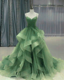 Elegant Sage Green Spaghetti Strap Sweet 16 Quinceanera A-Line Tulle Floor-length Prom Dress Birthday Dress Evening Dress Ball Gown HZ1024