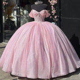 Beautiful Pink Sweetheart Sequin Off-the-shoulder Sweet 16 Quinceanera A-Line Tulle Floor-length Prom Dress Birthday Dress Evening Dress Ball Gown HZ1024