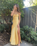 Vintage Satin Spaghetti Strap Mermaid High-slit Long Prom Dress Party Dress Evening Dress HZ1024