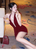 Simple Fashion Burgundy V-neck Halter Dress Design A-line Party Dress Homecoming Dress HZ1024