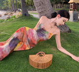 Simple New Painting Style Floral Design Elegant Beach Holiday Spaghetti Strap Dress HZ1024