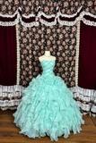 Vintage Blue-green Tulle Beaded Strapless Quinceanera A-Line Evening Dress Prom Dress Ball Gown HZ1024