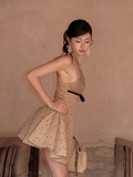 Vintage Khaki Polka Dot A-Line Homecoming Dress Halter-neck Party Dress Short Cocktail Dress HZ1024