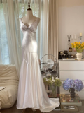 Retro White V-neck Spaghetti Strap Design Elegant Satin Evening Dress Prom Dress HZ1024
