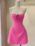 Elegant Rose Pink Sweetheart 3D Flower Design A-line Spaghetti Strap Party Dress Homecoming Dress HZ1024