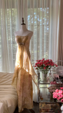 Retro Golden Strapless Floral Elegant Design A-line Beaded Romantic Chiffon Evening Dress Prom Dress HZ1024