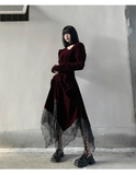 Elegant Fashion Red Velvet Irregular Dress Edge Design Gothic style party High-waisted Long-sleeved Dress HZ1024