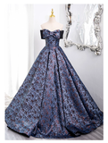 Vintage Floral Satin Sweet 16 Quinceanera Bow Off-the-shoulder Evening Dress Long Ball Gown HZ1024