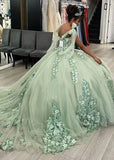 Gorgeous Sage Green Applique Sweetheart Off-the-shoulder Sweet 16 Quinceanera A-Line Floor-length Prom Dress Evening Dress Ball Gown HZ1024