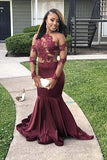 Vintage Burgundy Applique Mermaid Evening Gown Long-sleeved Backless Mermaid Prom Dresses HZ1024