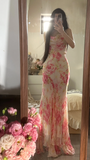 Retro Pink Floral Spaghetti Strap Design Elegant Chiffon Evening Dress Prom Dresses HZ1024