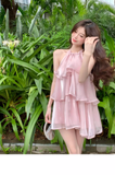 Stylish Pink Patchwork Ruffled Sleeveless Seaside Holiday Halter Dress HZ1024
