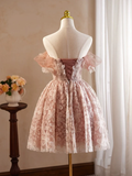 Retro Pink Applique Off-the-shoulder Design A-line Tulle Party Dress Homecoming Dress HZ1024