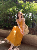 Simple Fashion Yellow Loose-fitting Design Beach Holiday A-line Long Spaghetti Strap Dress HZ1024