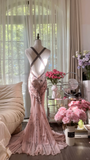 Vintage Pink V-neck Applique Design Elegant Chiffon Evening Dress Prom Dresses HZ1024