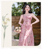 Retro Fashion Pink Flora Design Beach Holiday A-line Spaghetti Strap Dress HZ1024