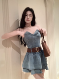 Cute Bow Design A-Line Strapless Denim Short Dress HZ1024