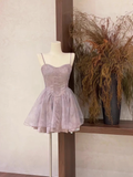 Vintage Light Purple Spaghetti Strap A-line Tulle Short Party Dress Homecoming Dresses HZ1024