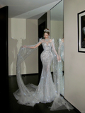 Elegant Glittering Silvery Beaded Sequined Design Mermaid Wedding Dress Prom Dress Evening Dress HZ1024