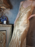 Retro Golden V-neck Sparkling Beaded Backless Design Elegant Satin Evening Dress Prom Dress HZ1024