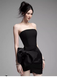 Elegant Black Strapless Bow Design A-line Satin Party Dress Homecoming Dress HZ1024