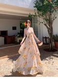 New Fashion Floral V-neck Design Elegant Beach Holiday A-line Sleeveless Halter Dress Summer HZ1024