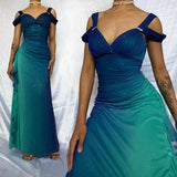 Vintage Shiny Gradient Blue-green Sheath Chiffon Unique Shoulder Strap Design Long Prom Dress Evening Dress HZ1024
