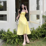 Women New Simple Fashion Yellow High-waist Spaghetti Strap Dress HZ1024