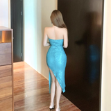 Fashion Blue Sequin Split Dress Design A-line Sleeveless Strapless Homecoming Dress HZ1024