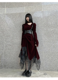 Elegant Fashion Red Velvet Irregular Dress Edge Design Gothic style party High-waisted Long-sleeved Dress HZ1024