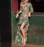 Fashion Green Floral Asymmetric Ruffled Hem Design A-line Party Dress HZ1024