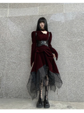 Elegant Fashion Red Velvet Irregular Dress Edge Design Gothic style party High-waisted Long-sleeved Dress HZ1024